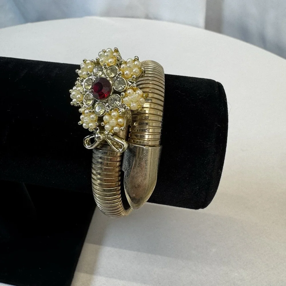 Vintage Red Rhinestone‎ & Faux Pearl Flower Gold Tone Coil  Bracelet